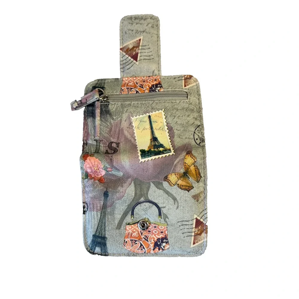 Womens Bifold Snap Wallet with Novelty Eiffel Tower Vintage Paris Postcard Theme
